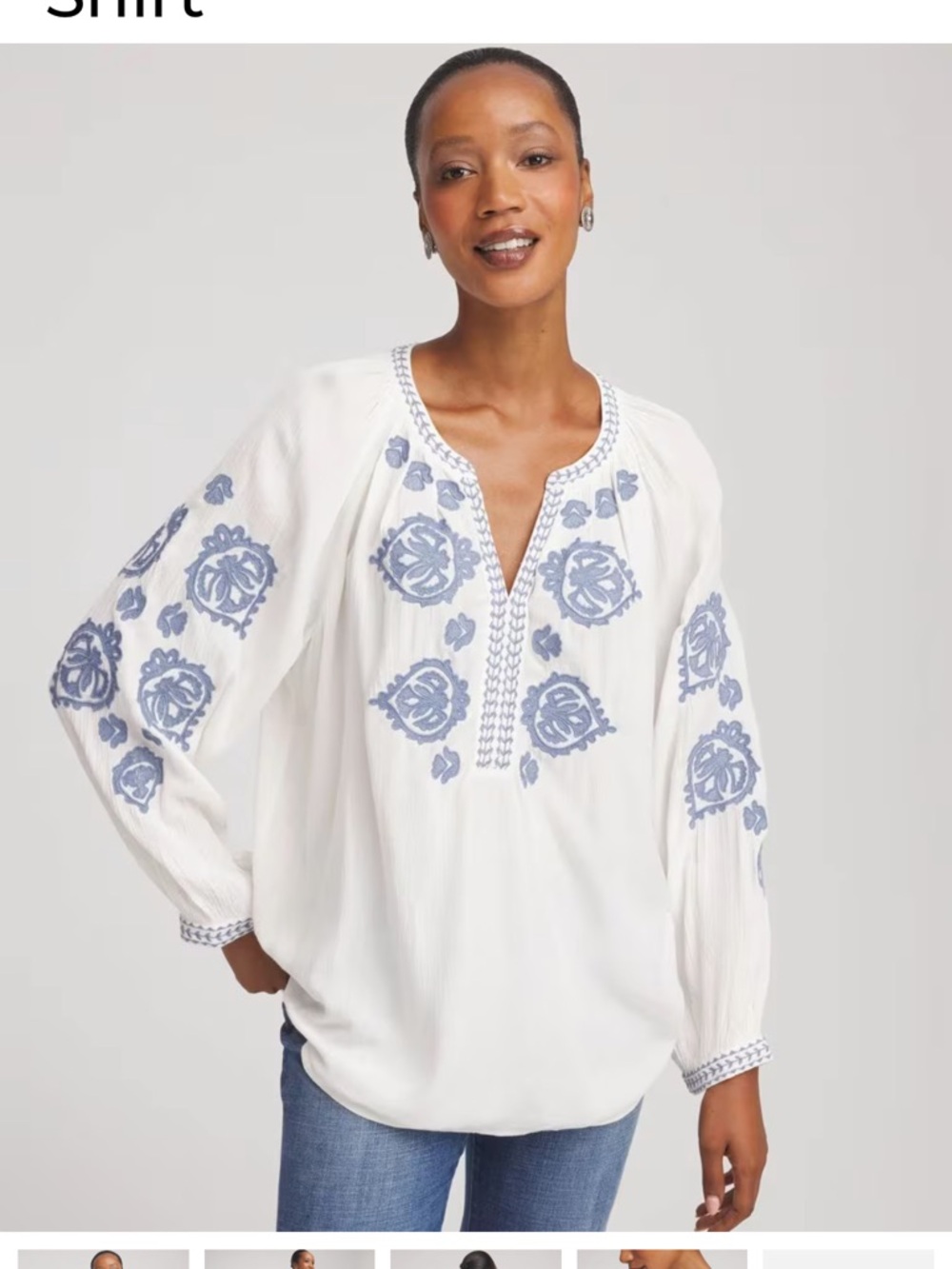 Chico's White Tunic with Blue Embroidery